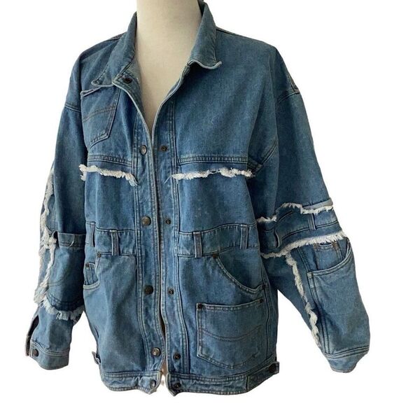 Vintage Please Thank You Distressed Jean Denim Jacket Medium - Picture 2 of 7